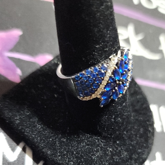 Elegant Lab Created Blue Spinel And White Zircon Ring - Picture 2 of 3